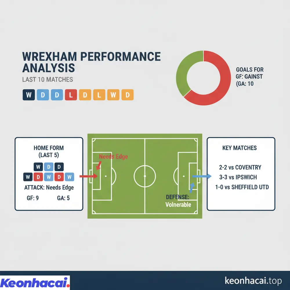 Thống kê 10 trận gần nhất cho thấy Wrexham có 3 thắng, 5 hòa, 2 thua, ghi 11 bàn và thủng lưới 10 bàn